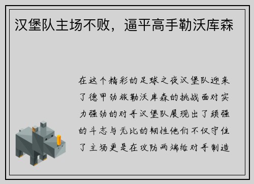 汉堡队主场不败，逼平高手勒沃库森
