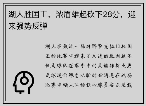 湖人胜国王，浓眉雄起砍下28分，迎来强势反弹