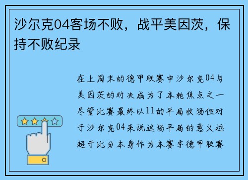 沙尔克04客场不败，战平美因茨，保持不败纪录