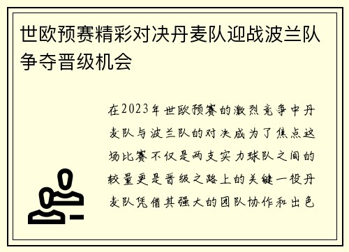 世欧预赛精彩对决丹麦队迎战波兰队争夺晋级机会